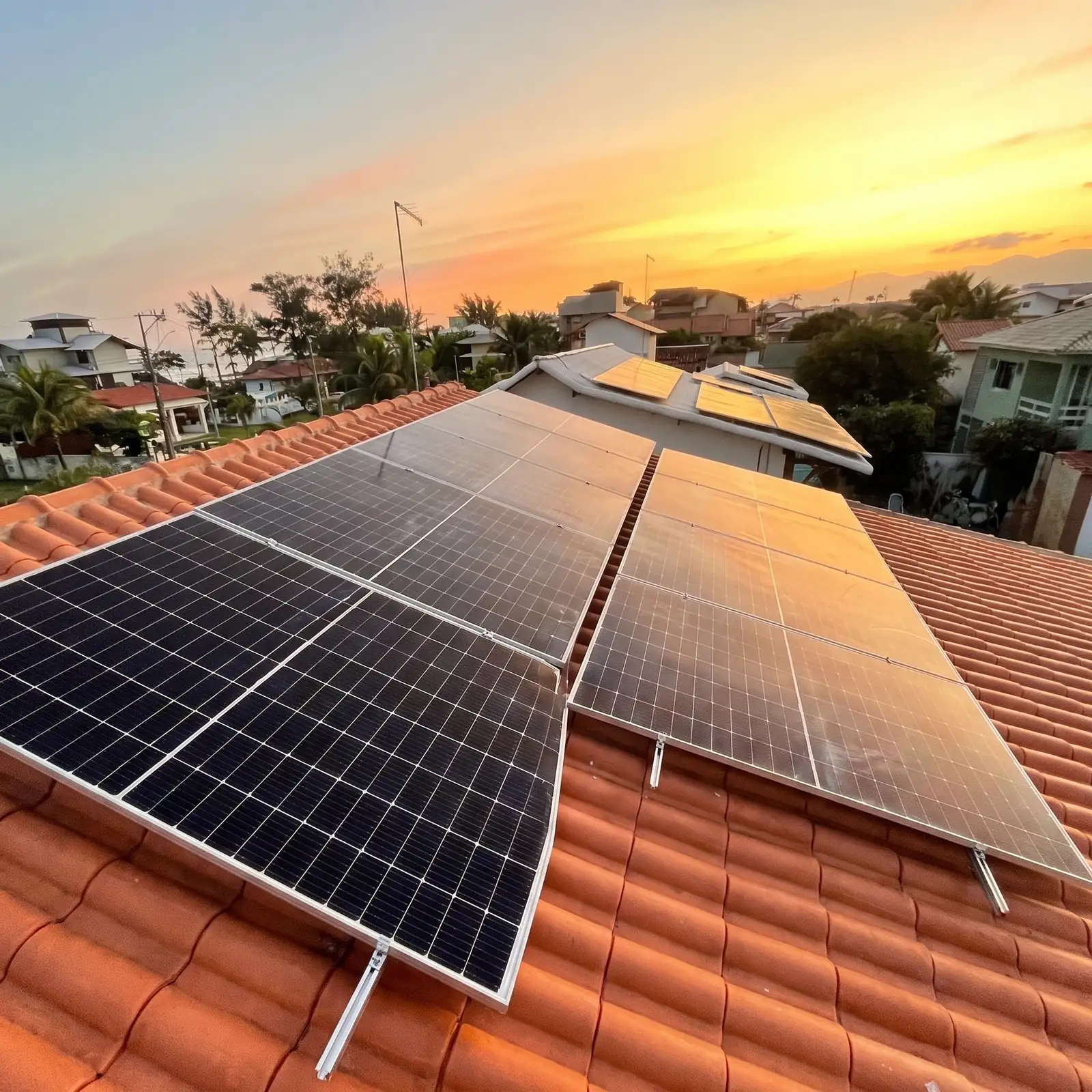 Instalação de energia solar da BF Lagos ao entardecer